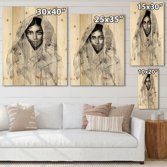 Designart - Monochrome Portrait of Young Indian Woman I - Modern Print on Natural Pine Wood